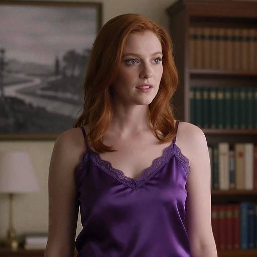 Elegant Redhead in a Library Setting