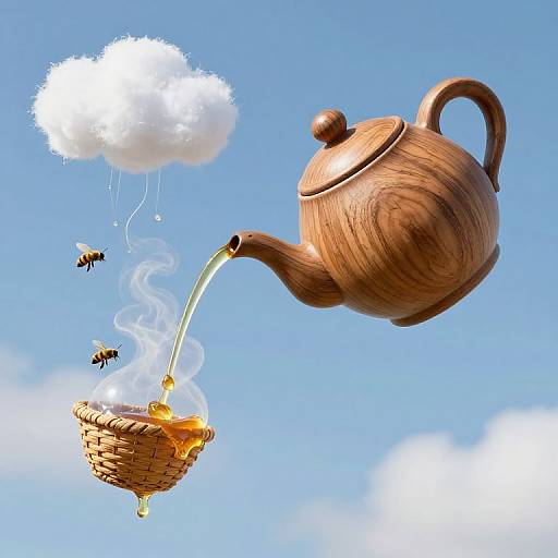 Whimsical digital illustration of a wooden teapot pouring honey from a basket into a steaming cup, with two bees, above a bright blue sky