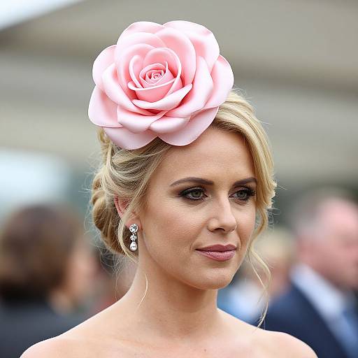 Photograph of a blonde woman with fair skin, wearing a pink rose hair accessory, diamond earrings, and a strapless dress, blurred background.