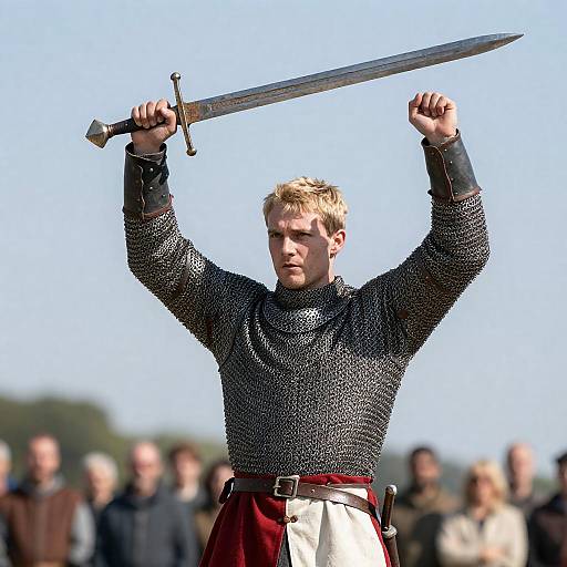 Blond Medieval Warrior Raising Rusted Sword