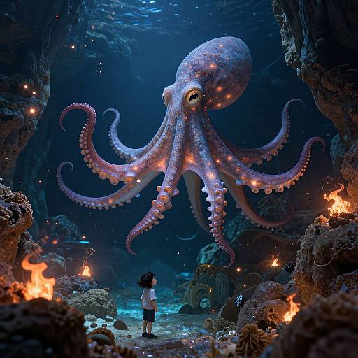 Photorealistic CGI: A glowing, purple octopus with bioluminescent patterns looms above a young girl in a white shirt and black skirt