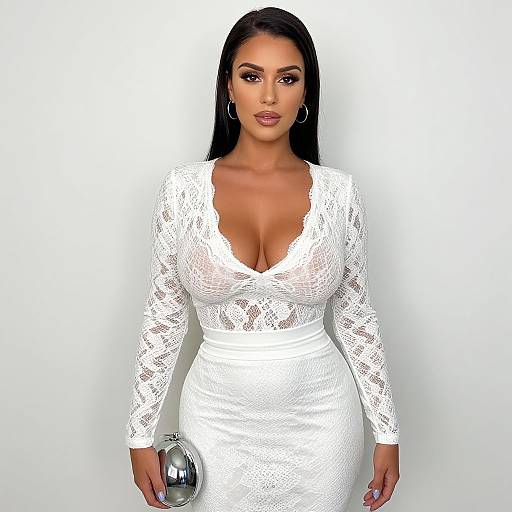 Photograph of a curvy woman with long black hair, wearing a white lace, deep V-neck dress, holding a silver clutch, standing against a