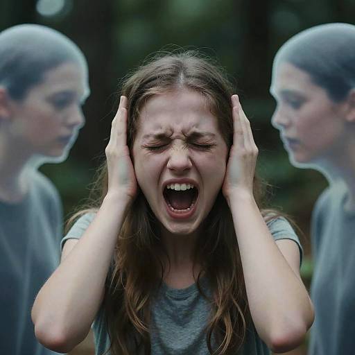 Photograph of a distraught young woman with long brown hair, gray shirt, hands on her head, screaming, mirrored reflections of a boy in the