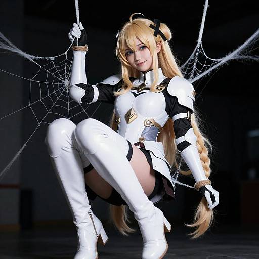Armored Blonde Girl Bound in Spiderweb