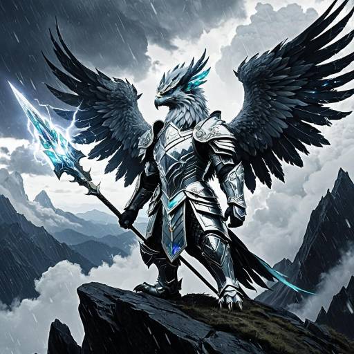 Ethereal Gryphon Warrior on Stormy Mountain Peak