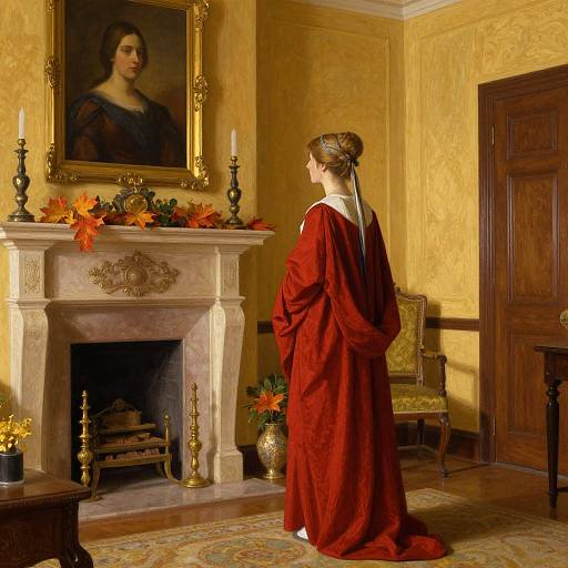 Photograph of a woman in a red robe, standing before an ornate fireplace, gazing at a portrait, with autumn leaves decor.