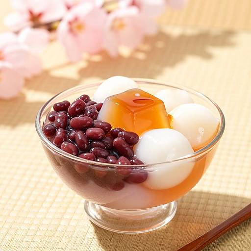 Photograph of a clear glass bowl filled with dark red grapes, orange slices, and white ice cubes, set on a beige woven mat with blurred pink