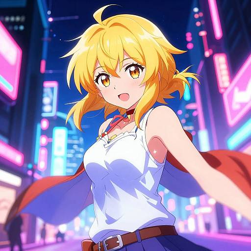 Anime-style digital illustration of a blonde-haired, yellow-eyed girl in a white tank top, standing in a vibrant, neon-lit city street at night
