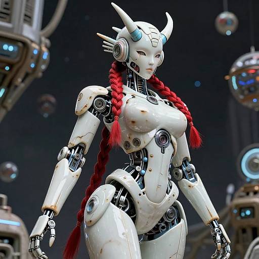 Photorealistic CGI of a white, humanoid female robot with red braided hair, horned helmet, and cybernetic joints, standing amidst futuristic