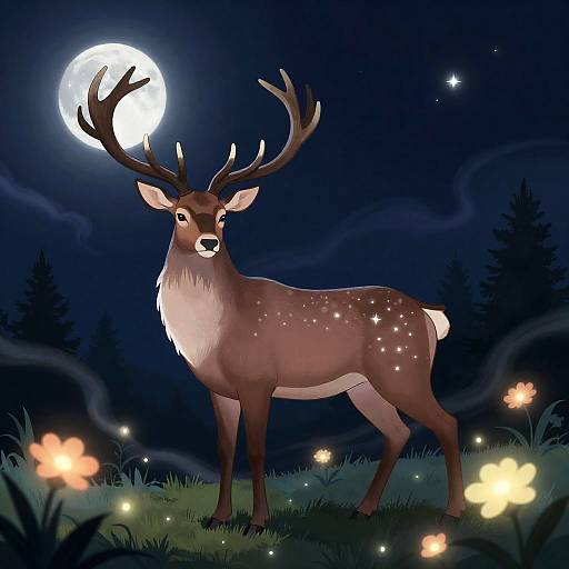 Ancient Celestial Stag in Moonlit Glade