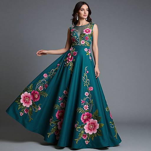 Photograph of a woman in a sleeveless, teal ball gown with vibrant pink and green floral embroidery, standing against a gray background.