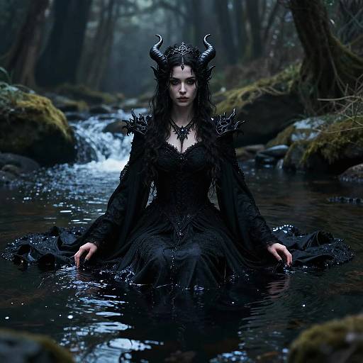 Photograph-like digital artwork of a dark-haired woman with black horns, wearing a gothic black dress, kneeling in a forest stream.