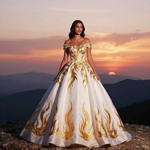 Photograph of a beautiful woman with dark hair in an off-shoulder, white, gold-embroidered ball gown, standing against a sunset
