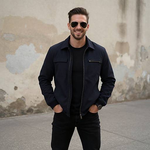 Photograph of a smiling man with short brown hair, beard, wearing dark sunglasses, black jacket, black shirt, and black pants, standing against a