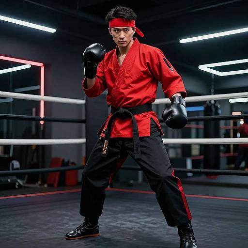 Athletic Boxer in Red Karate Outfit