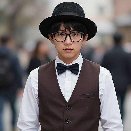 Photograph of an Asian male with glasses, black bowler hat, white shirt, brown vest, black bow tie, standing in a blurred urban background