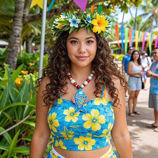 Photograph of a curly-haired woman with a flower crown, blue floral top, and bead necklace, smiling outdoors at a colorful, tropical event.