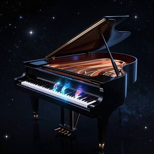 Digital artwork of a glossy black grand piano with glowing keys and an illuminated interior, set against a starry night background.