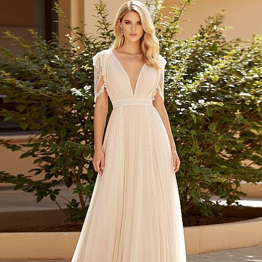 Photograph of a blonde woman in a white lace V-neck gown with short sleeves, standing outdoors in sunlight, surrounded by greenery.