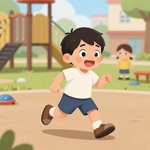Cartoon illustration of a happy young boy with black hair, wearing a white shirt, blue shorts, and brown shoes, running in a sunny playground,