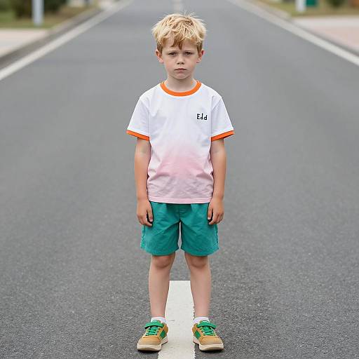 Serious Young Boy Standing on Road