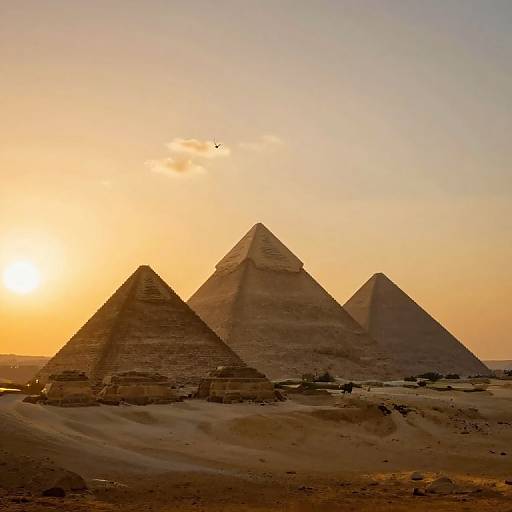 Photograph of three ancient Egyptian pyramids at sunset, with a golden sky, sandy desert foreground, and a small bird flying above.