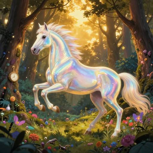 Iridescent Equine Over Magical Dusk Woods