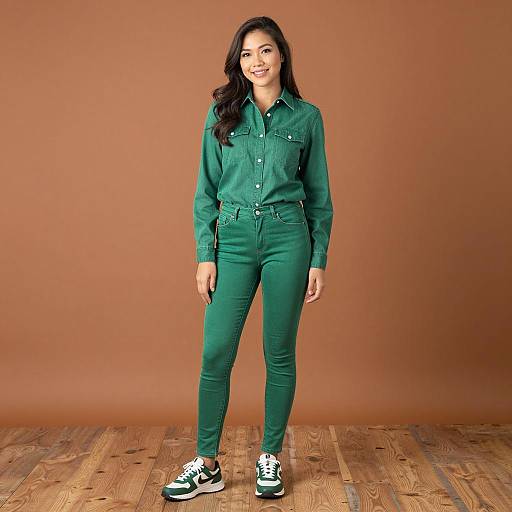 Asian Woman in Green Outfit Standing
