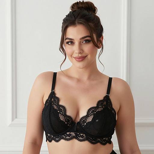 Smiling woman in black lace bra