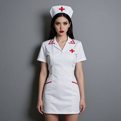 Photograph of a pale-skinned woman with long black hair, wearing a white nurse outfit with red cross, hat, and red accents, standing against