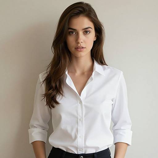 Photograph of a young woman with long brown hair, wearing a white button-up shirt and black pants, standing against a plain white background.