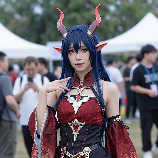 Photograph of an Asian woman cosplaying as a demonic character with red horns, blue hair, red and black ornate dress, in an outdoor event