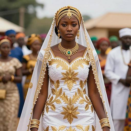 African Bride in Traditional White and Gold Dress