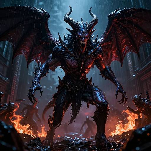 Digital art: Dark, menacing demon with glowing red eyes and horns, standing in a rainy, fiery urban battlefield. Textured, spiked armor and wings