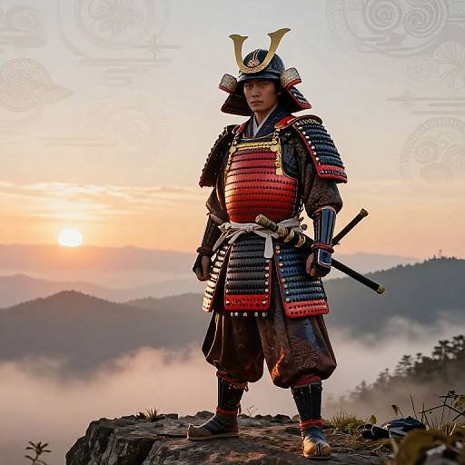 Photograph of a Japanese samurai standing on a rocky cliff at sunrise, wearing traditional armor with red and black plates, holding a sword, against a