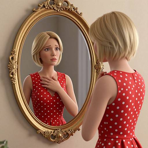 Digital art of a blonde woman with short hair in a red polka dot dress, gazing at her reflection in an ornate gold mirror, hand