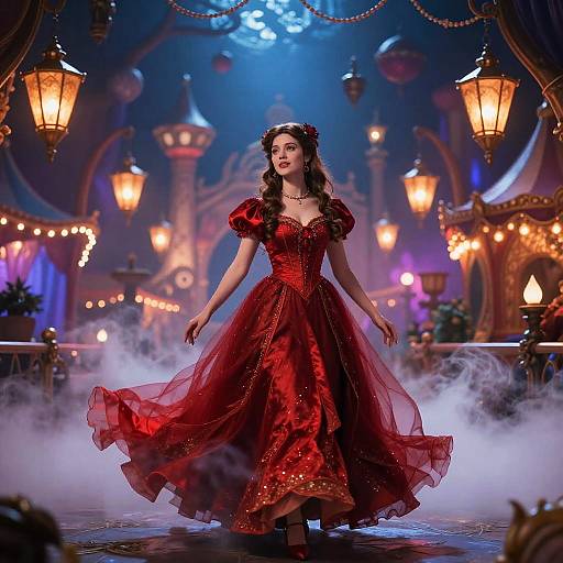 Photograph of a fair-skinned woman in a red, satin, puffed-sleeve gown, standing in a smoky, illuminated, fantasy