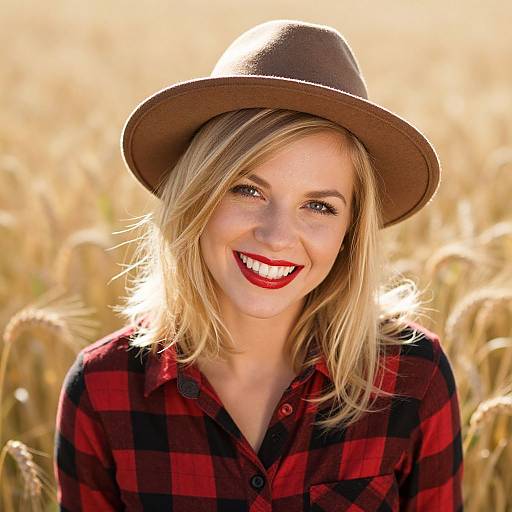 Blonde woman with red lipstick, smiling, wearing brown hat and red-black plaid shirt, standing in sunlit wheat field. Photograph.