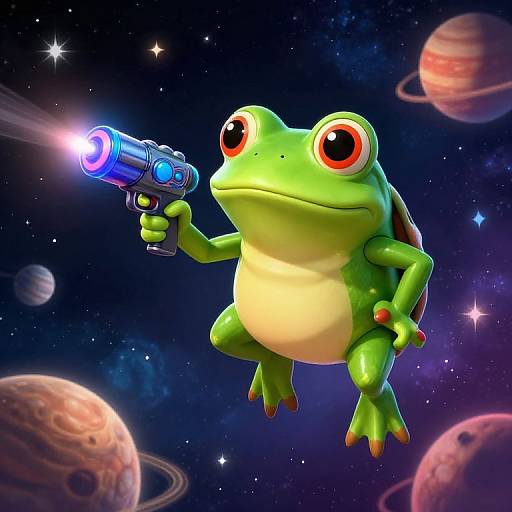CGI image of a green frog with large red eyes, holding a blue laser gun, floating in a starry outer space with colorful planets. The