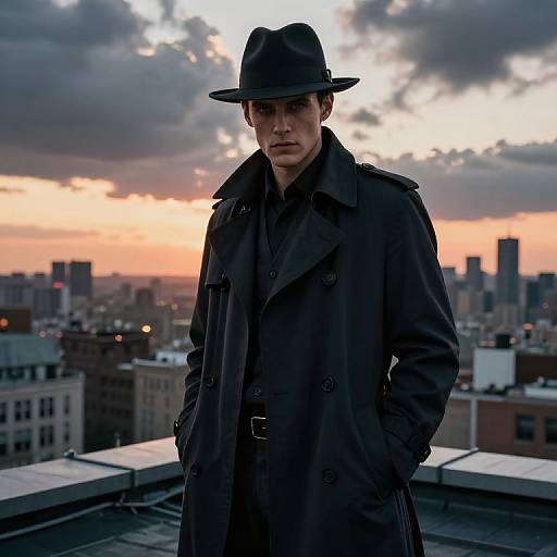 Photograph of a serious young man in a black coat and hat, standing on a rooftop at sunset, with a city skyline and cloudy sky in the