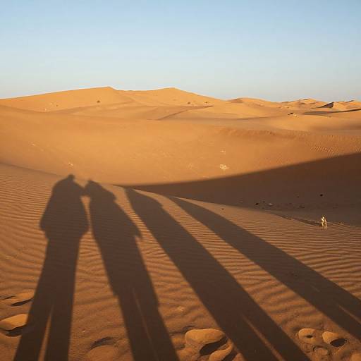 Photograph of two long shadows of people standing in a vast, sunlit, orange desert with rippled sand and distant sand dunes.