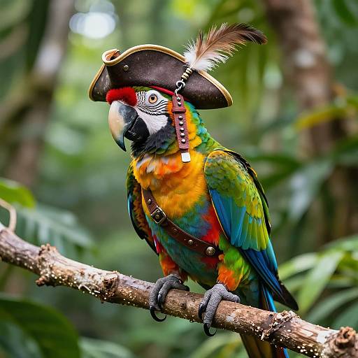 Colorful parrot wearing a pirate hat with a feather, perched on a branch in a lush, green jungle background.