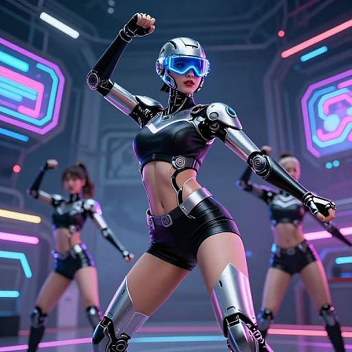 CGI image of three robotic women in black leather, metallic armors, and visors, dancing in a neon-lit futuristic room.