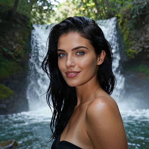 Photograph of a wet, smiling woman with blue eyes and black hair, standing in front of a lush, waterfall background.