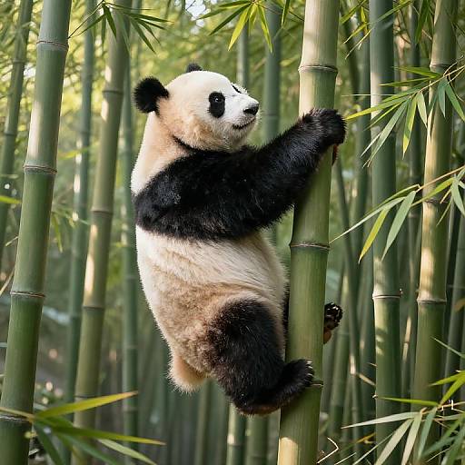 Photograph of a black-and-white giant panda climbing a tall green bamboo stalk in a dense bamboo forest. Panda's expression is playful. Sunlight filters