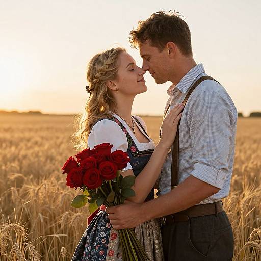 Photograph of a couple in a sunlit wheat field, kissing, she in a traditional dress holding red roses, he in checkered shirt and suspend