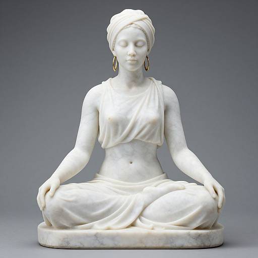 Photograph of a white marble Buddha statue with closed eyes, draped in a toga-like cloth, seated in lotus position, wearing hoop earrings,