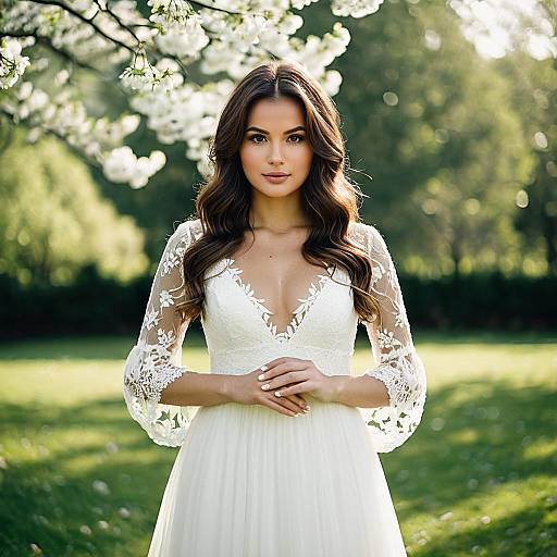 Bride in White Lace Wedding Dress Outdoors