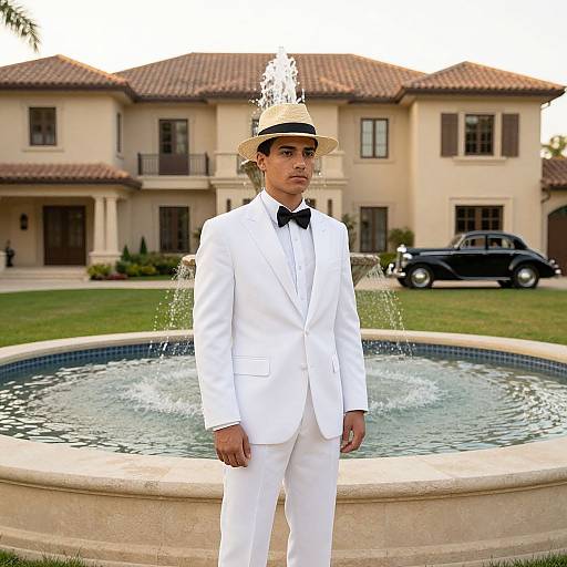 Photograph of a young man in a white tuxedo and straw hat standing in front of a fountain, with a luxurious beige mansion and classic black