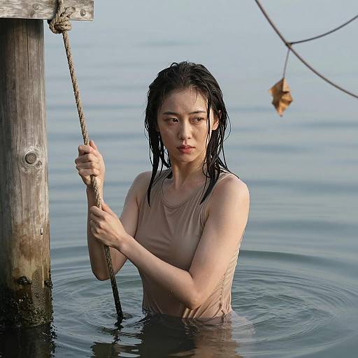 Woman Holding Rope in Calm Water